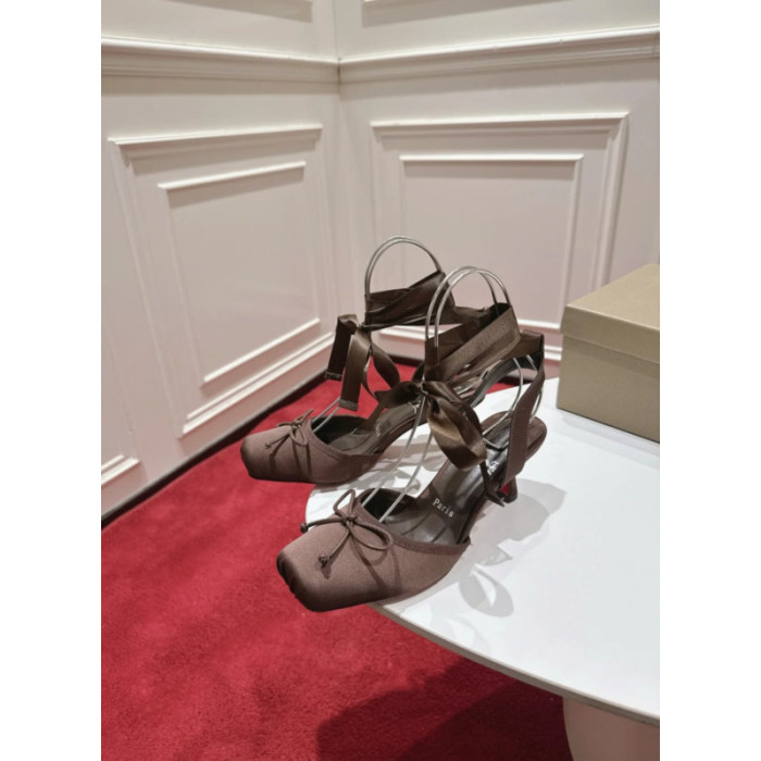 Christian Louboutin Brown Satin Ankle Wrap Bow Kitten Heel Pumps