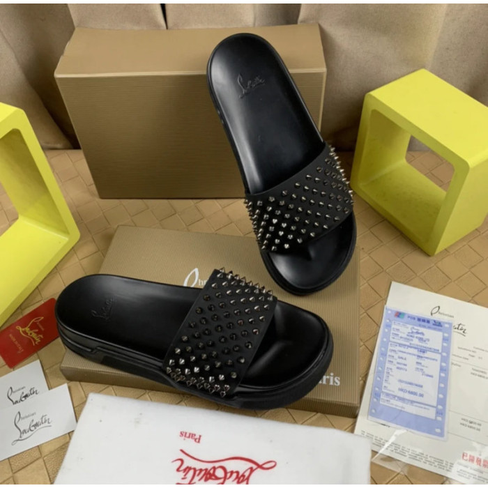 Christian Louboutin Black Silver‑Spiked Platform Slide Sandals