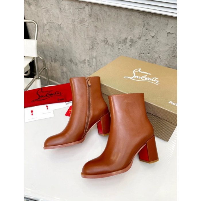 Christian Louboutin Tan Smooth Leather 85mm Block‑Heel Side‑Zip Ankle Boots
