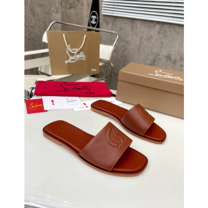 Christian Louboutin Caramel Brown Leather Stitched Logo Flat Slide Sandal