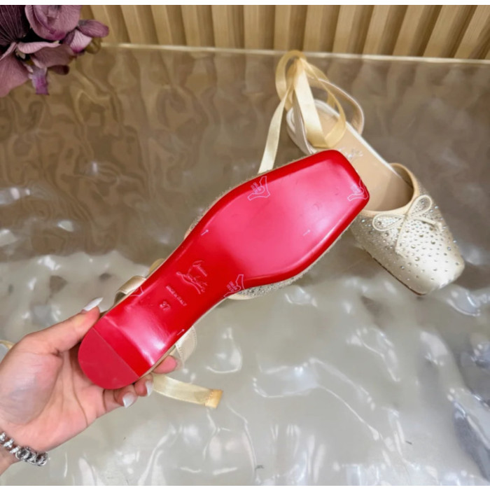 Christian Louboutin Cream Satin Crystal‑Embellished Ankle‑Tie Slingback Ballet Flats