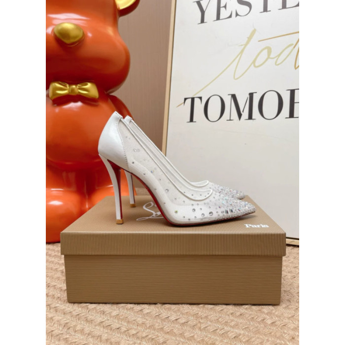 Christian Louboutin White Mesh Crystal‑Embellished 100mm Pointed‑Toe Stiletto Heel Pumps