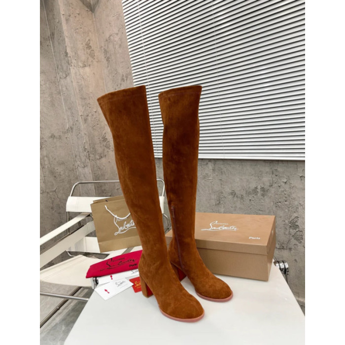 Christian Louboutin Cognac Suede 85mm heel Block‑Heel Over‑The‑Knee Boots