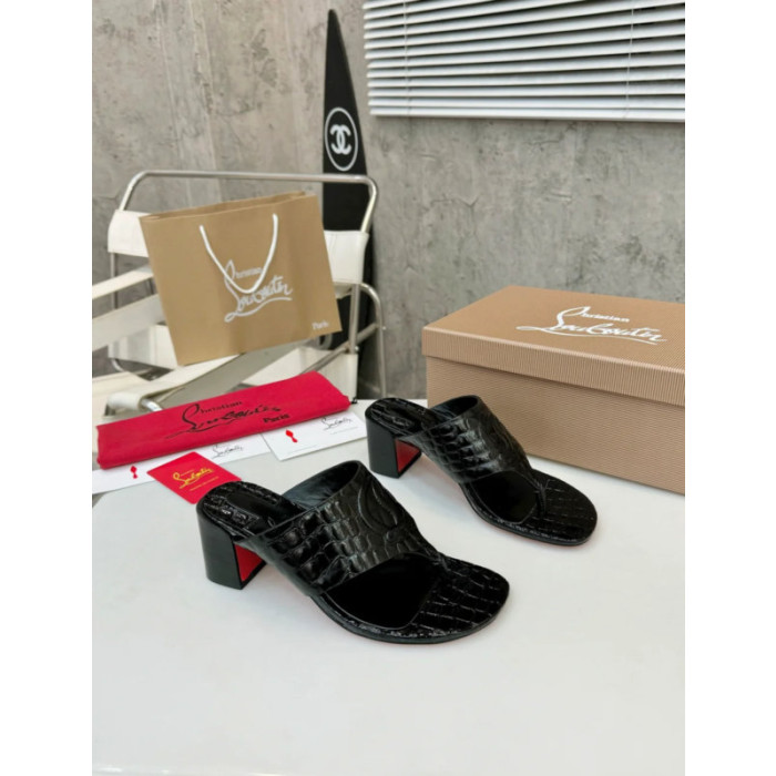 Christian Louboutin Black Croc‑embossed Leather 55mm Block Heel Mule Sandal
