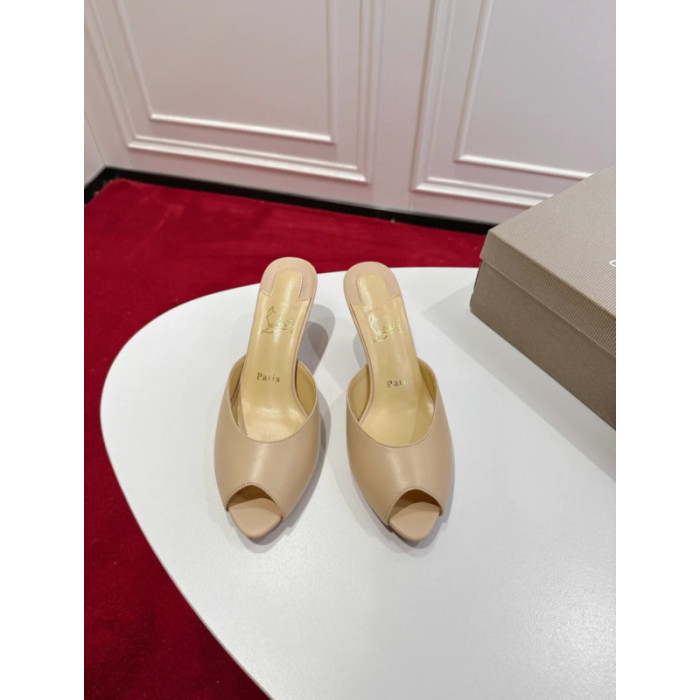 Christian Louboutin Nude Leather 55mm Peep‑Toe Mule Heels
