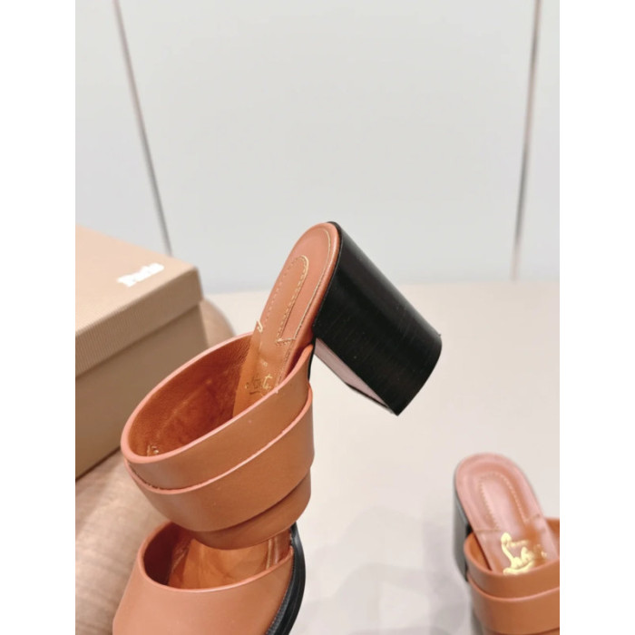 Christian Louboutin Tan Leather CL‑Buckle Mule Block Heel Sandals 85mm heel