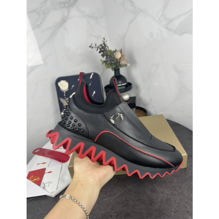 Christian Louboutin Black Slip‑On Sneakers Red Zigzag Sole Spiked Heel