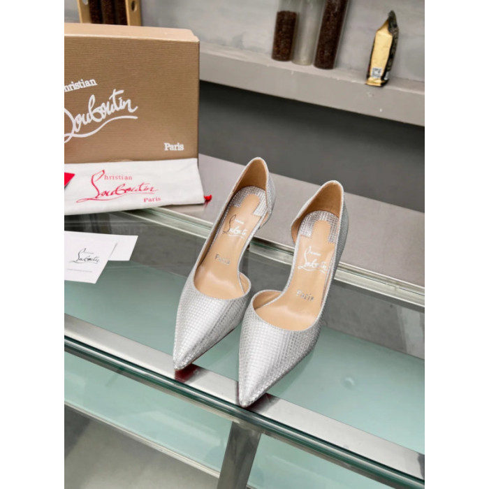 Christian Louboutin Silver Grid Textured Half‑d'Orsay Pointed‑Toe 100mm heel Pumps