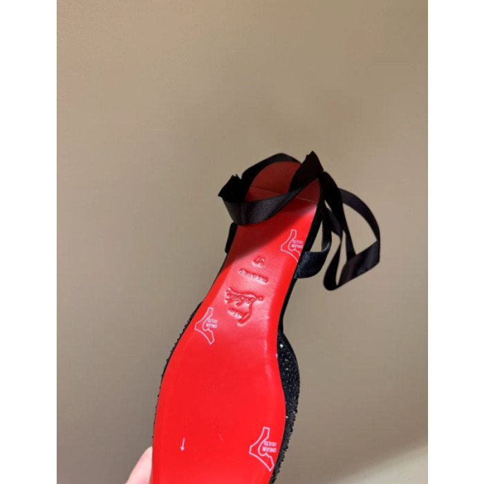 Christian Louboutin Black Crystal Embellished Satin Bow Tie‑Ankle Ballet Flats