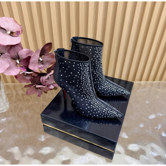 Christian Louboutin Black Mesh 100mm Crystal‑Embellished Pointed Toe Stiletto Heel Ankle Boots