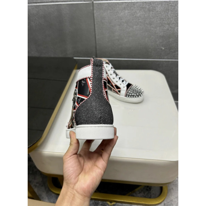 Christian Louboutin Black Patent Geometric‑Print Spiked High‑Top Sneakers