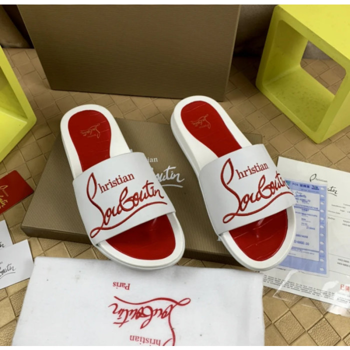 Christian Louboutin White Rubber Slide Sandals Red Signature Script Logo
