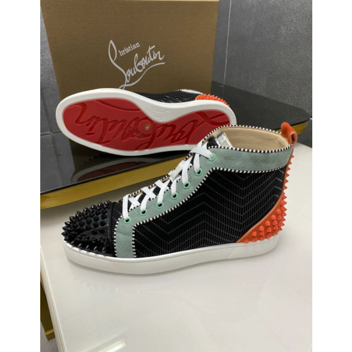 Christian Louboutin Black Chevron Mint‑Trim Orange‑Spiked High‑Top Sneakers
