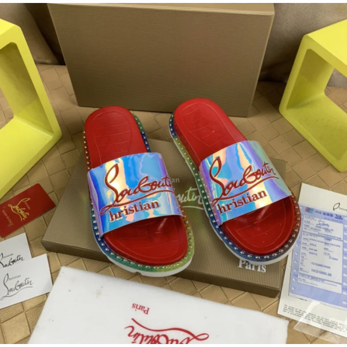 Christian Louboutin Holographic Strap Red Footbed Slide Sandals