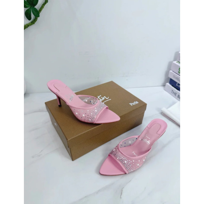 Christian Louboutin Pink Mesh Crystal 70mm Pointed‑Toe Mule High‑Heel Sandals