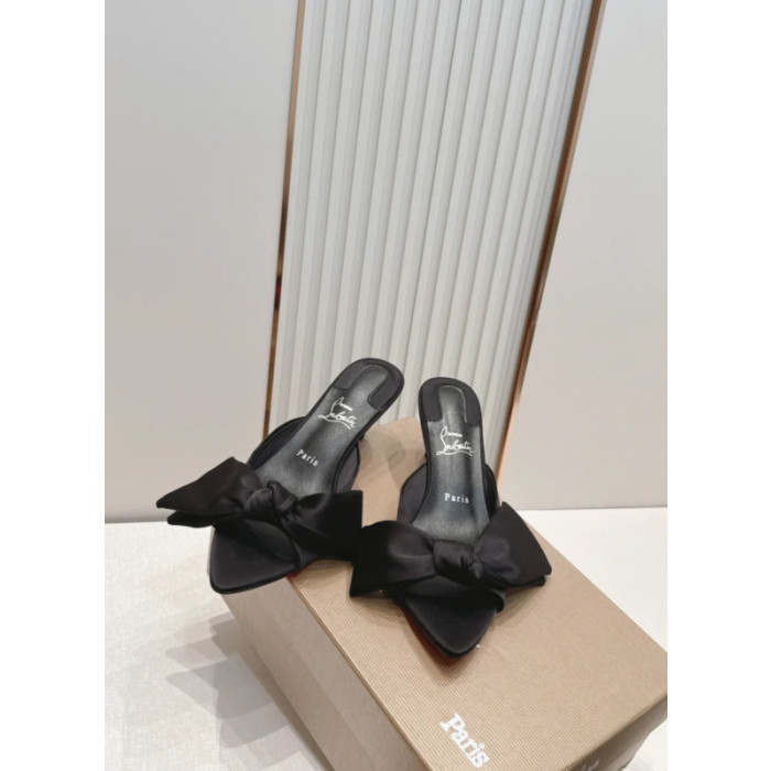 Christian Louboutin Black Satin Bow 55mm Pointed‑Toe Mule Heels