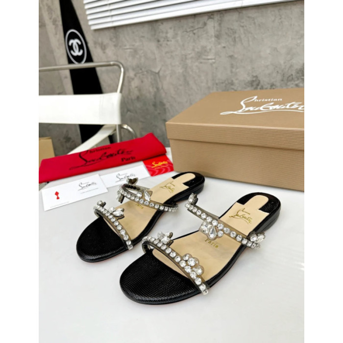Christian Louboutin Black Crystal Embellished Flat Slide Sandal