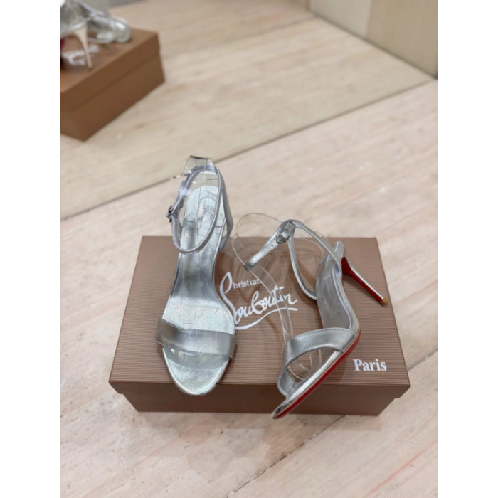 Christian Louboutin Silver Laminated Leather 85mm Stiletto Heel Ankle‑Strap Sandals