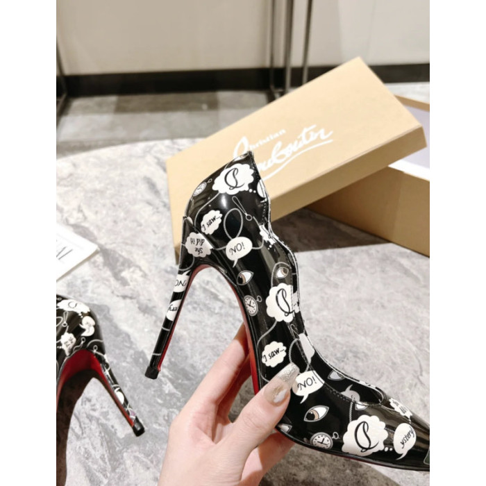 Christian Louboutin Black Patent Comic Speech Bubble Print 100mm heel Pump