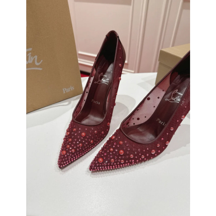 Christian Louboutin Burgundy Mesh Crystal 100mm Stiletto Heel Pumps