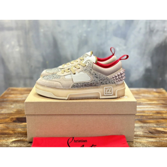 Christian Louboutin Beige Suede Crystal Spiked Platform Low‑Top Sneakers