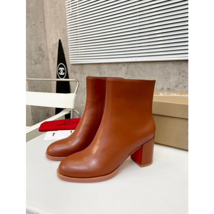 Christian Louboutin Cognac Brown Smooth Leather Side‑Zip Block Heel Ankle Boots 70mm heel