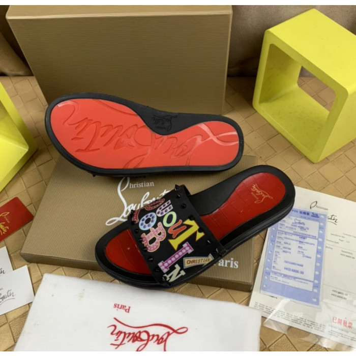 Christian Louboutin Black Colorful Graffiti‑Print Spiked Slide Sandals