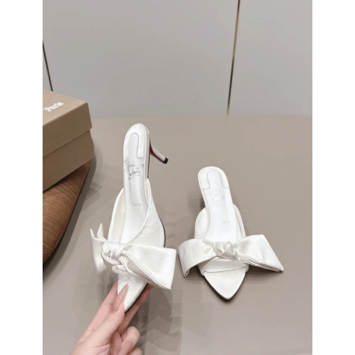 Christian Louboutin White Satin Large‑Bow Pointed‑Toe Mule Kitten Heel Sandals 55mm heel