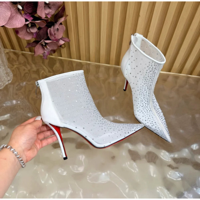 Christian Louboutin White Mesh 100mm Crystal‑Embellished Pointed Toe Stiletto Heel Ankle Boots