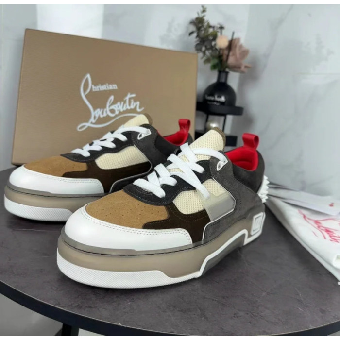 Christian Louboutin Brown‑White Suede‑Mesh Spiked Platform Lace‑Up Sneakers