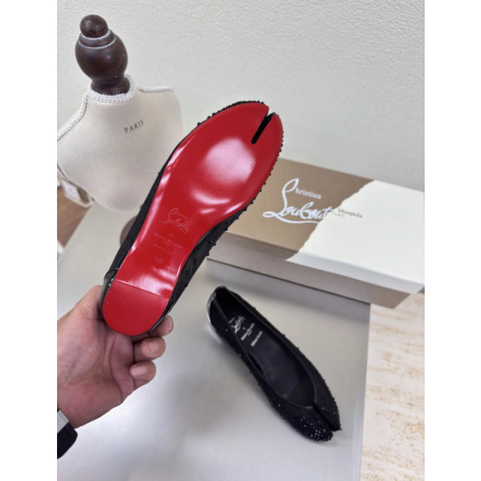 Christian Louboutin × Maison Margiela Black Mesh Crystal Tabi Split‑Toe Flat Shoes