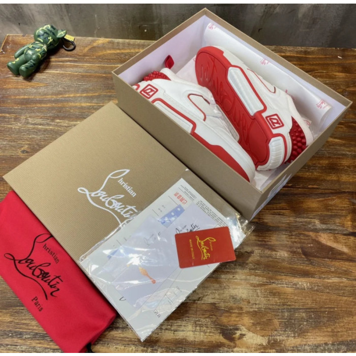 Christian Louboutin White‑Red Spiked Low‑Top Platform Sneakers
