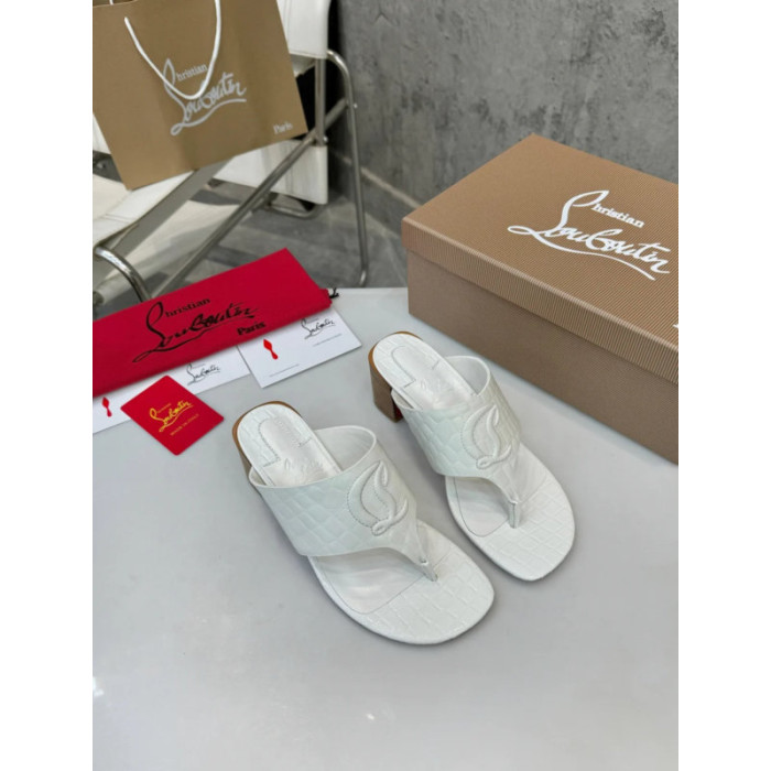 Christian Louboutin White Croc‑Embossed 70mm Block Heel Thong Mule Sandals