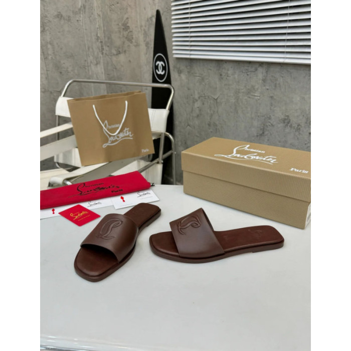 Christian Louboutin Debossed Stitched Logo Dark Brown Leather Flat Slide