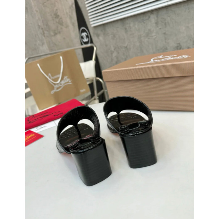 Christian Louboutin Black Croc‑Embossed 70mm Block Heel Thong Mule Sandals
