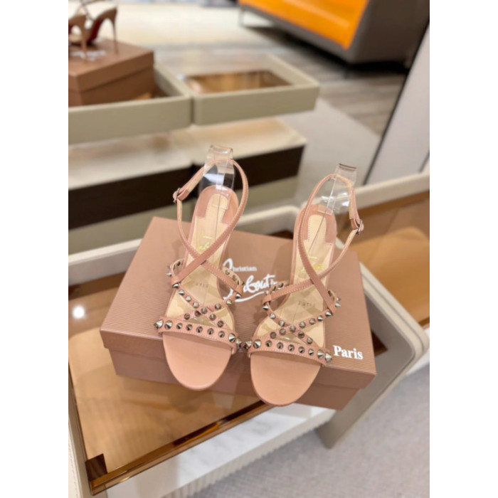Christian Louboutin Nude Leather Studded Crisscross Slingback High Heel Sandals 100mm heel