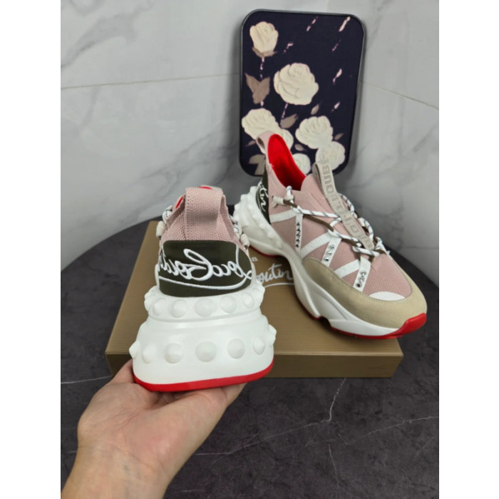 Christian Louboutin Pink‑Beige Spiked‑Sole Lace‑Up Chunky Sneakers Red Lining