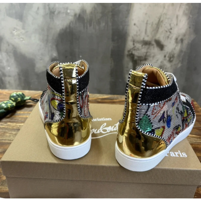 Christian Louboutin Graffiti‑Print Sequined Color‑Block High‑Top Sneakers