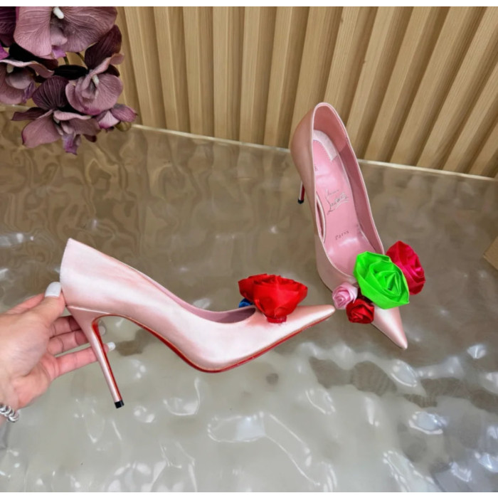 Christian Louboutin Pink Satin Multicolor Fabric Flower 100mm Stiletto Heel Pumps