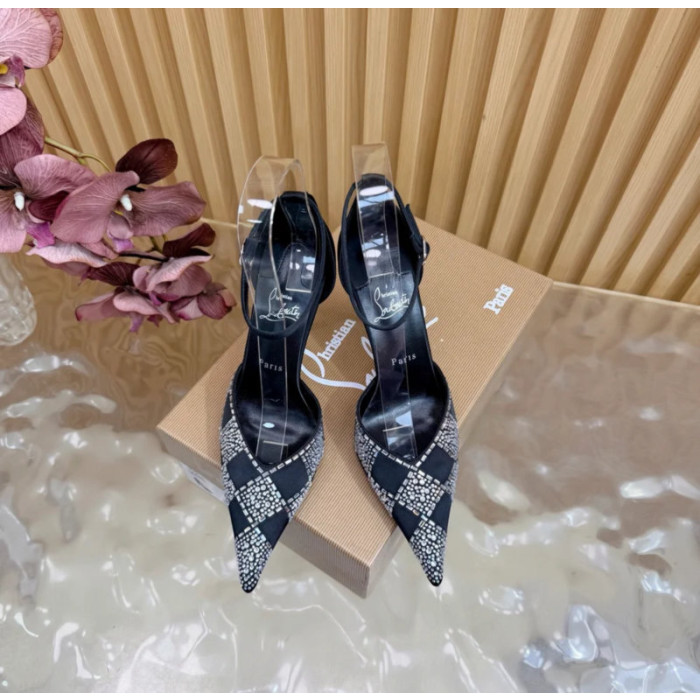 Christian Louboutin Black Satin Checkered Crystal‑Embellished 100mm Stiletto Heel Ankle‑Strap Pumps