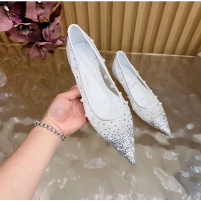Christian Louboutin White Mesh Pearl Crystal‑Embellished Pointed‑Toe Flat Pumps