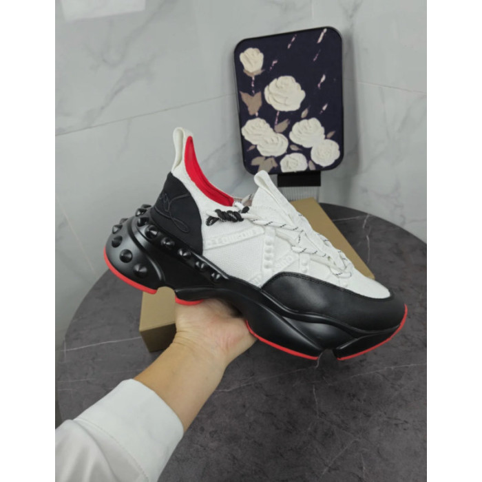 Christian Louboutin White‑Black Spiked Chunky Lace‑Up Sneakers Red Lining