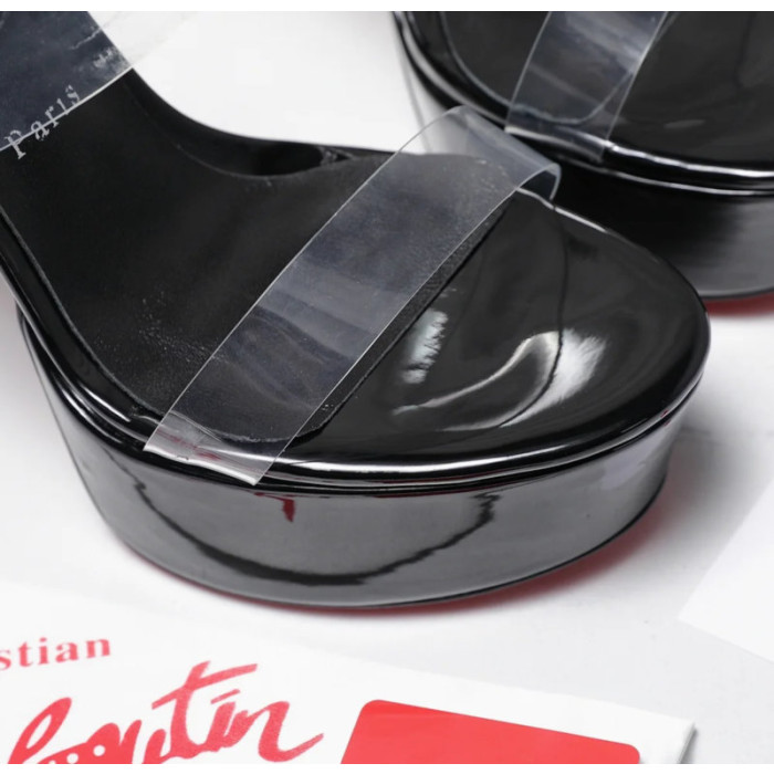 Christian Louboutin Black Patent PVC Strap Platform Stiletto Heel Mules