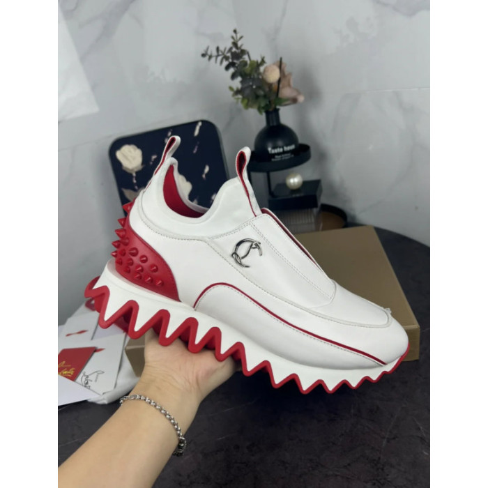 Christian Louboutin White‑Red Leather Slip‑On Spiked Sneakers Red Shark‑Tooth Sole