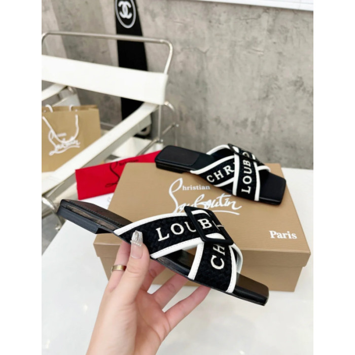 Christian Louboutin Black Woven Flat Slide Sandals
