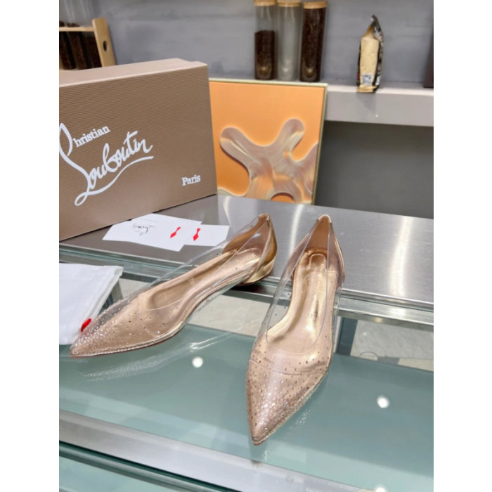 Christian Louboutin Clear PVC Gold Crystal Pointed‑Toe Flat Pumps