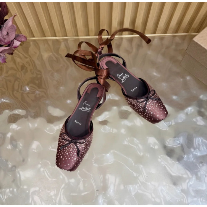 Christian Louboutin Brown Satin Crystal‑Embellished Ankle‑Tie Slingback Ballet Flats