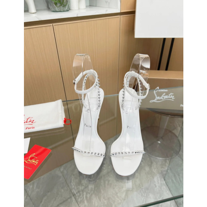 Christian Louboutin White Leather Spiked Ankle‑Strap Sandal 100mm heel