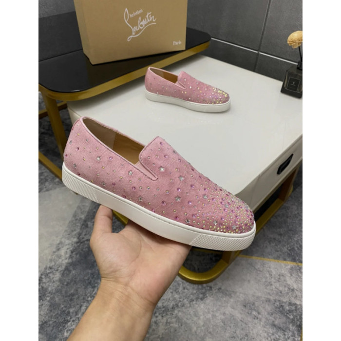 Christian Louboutin Pink Suede Crystal‑Embellished Slip‑On Sneakers
