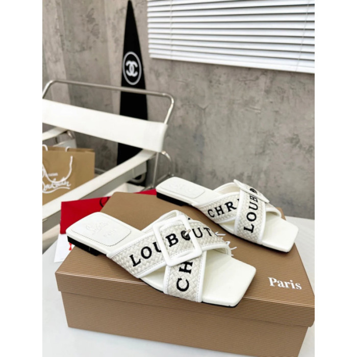 Christian Louboutin White Woven Flat Slide Sandals